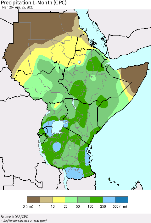 Eastern Africa Precipitation 1-Month (CPC) Thematic Map For 3/26/2023 - 4/25/2023