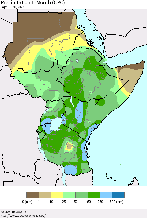 Eastern Africa Precipitation 1-Month (CPC) Thematic Map For 4/1/2023 - 4/30/2023