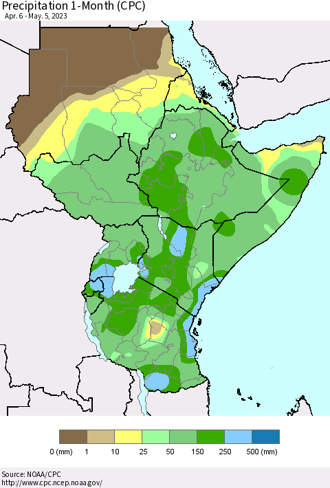 Eastern Africa Precipitation 1-Month (CPC) Thematic Map For 4/6/2023 - 5/5/2023