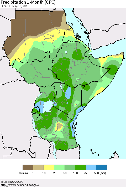 Eastern Africa Precipitation 1-Month (CPC) Thematic Map For 4/11/2023 - 5/10/2023