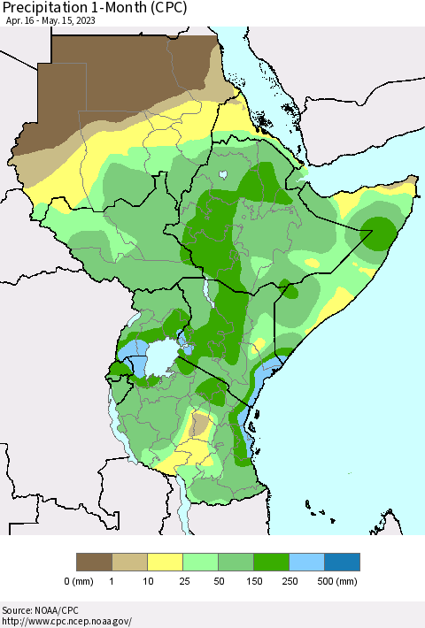 Eastern Africa Precipitation 1-Month (CPC) Thematic Map For 4/16/2023 - 5/15/2023
