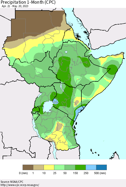 Eastern Africa Precipitation 1-Month (CPC) Thematic Map For 4/21/2023 - 5/20/2023