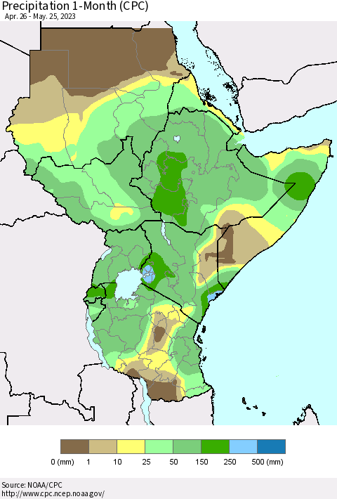Eastern Africa Precipitation 1-Month (CPC) Thematic Map For 4/26/2023 - 5/25/2023