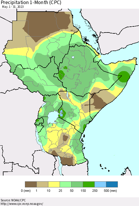 Eastern Africa Precipitation 1-Month (CPC) Thematic Map For 5/1/2023 - 5/31/2023