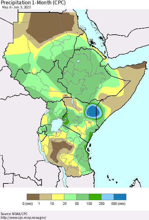 Eastern Africa Precipitation 1-Month (CPC) Thematic Map For 5/6/2023 - 6/5/2023