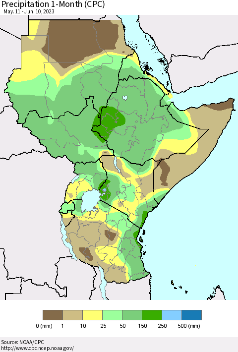 Eastern Africa Precipitation 1-Month (CPC) Thematic Map For 5/11/2023 - 6/10/2023