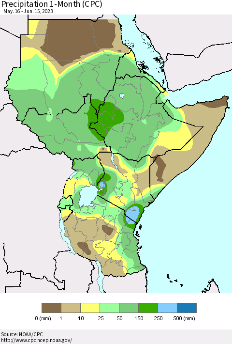 Eastern Africa Precipitation 1-Month (CPC) Thematic Map For 5/16/2023 - 6/15/2023