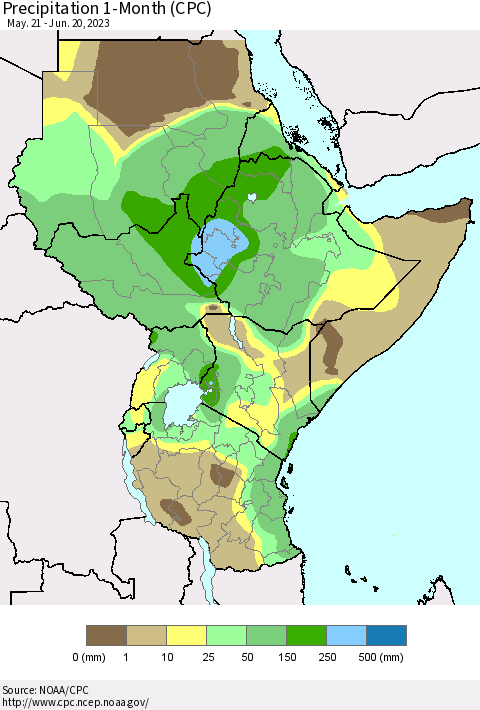 Eastern Africa Precipitation 1-Month (CPC) Thematic Map For 5/21/2023 - 6/20/2023