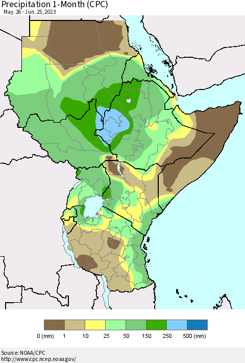 Eastern Africa Precipitation 1-Month (CPC) Thematic Map For 5/26/2023 - 6/25/2023