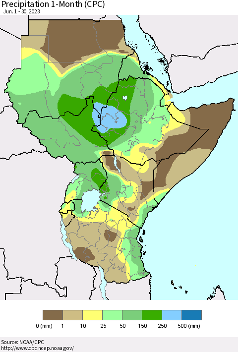 Eastern Africa Precipitation 1-Month (CPC) Thematic Map For 6/1/2023 - 6/30/2023
