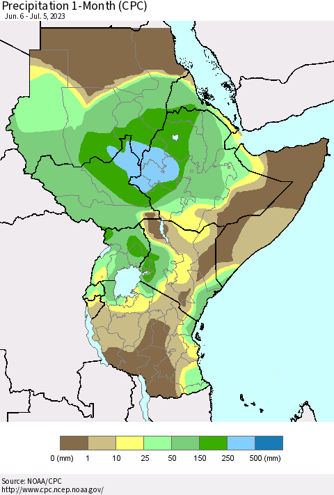 Eastern Africa Precipitation 1-Month (CPC) Thematic Map For 6/6/2023 - 7/5/2023