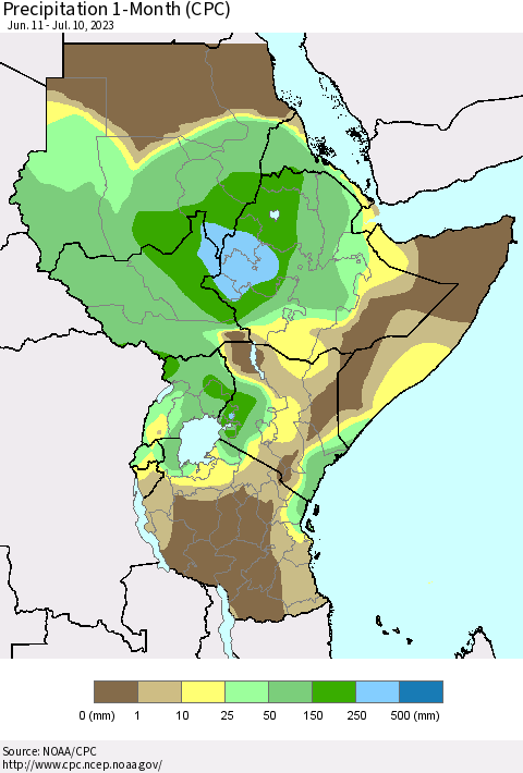 Eastern Africa Precipitation 1-Month (CPC) Thematic Map For 6/11/2023 - 7/10/2023