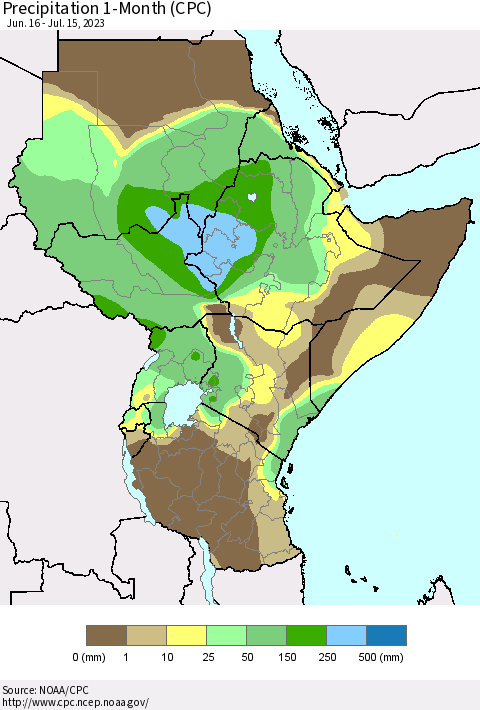 Eastern Africa Precipitation 1-Month (CPC) Thematic Map For 6/16/2023 - 7/15/2023