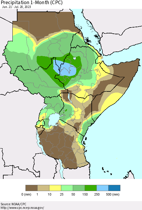 Eastern Africa Precipitation 1-Month (CPC) Thematic Map For 6/21/2023 - 7/20/2023
