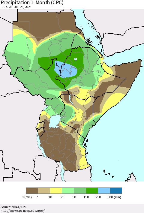 Eastern Africa Precipitation 1-Month (CPC) Thematic Map For 6/26/2023 - 7/25/2023