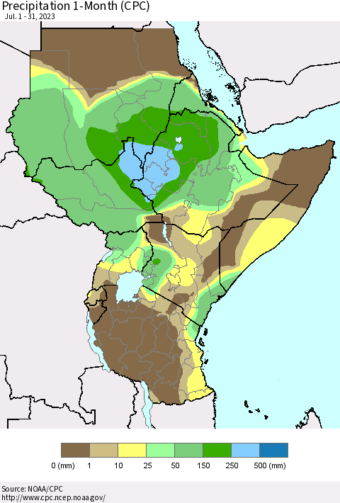 Eastern Africa Precipitation 1-Month (CPC) Thematic Map For 7/1/2023 - 7/31/2023