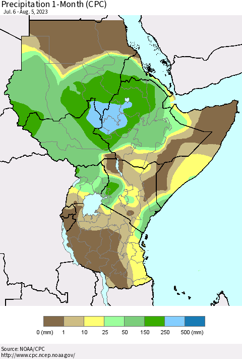 Eastern Africa Precipitation 1-Month (CPC) Thematic Map For 7/6/2023 - 8/5/2023