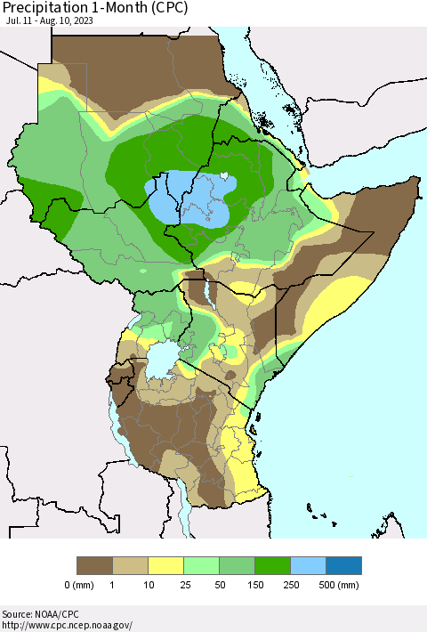 Eastern Africa Precipitation 1-Month (CPC) Thematic Map For 7/11/2023 - 8/10/2023