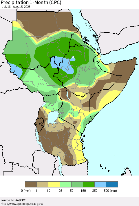Eastern Africa Precipitation 1-Month (CPC) Thematic Map For 7/16/2023 - 8/15/2023