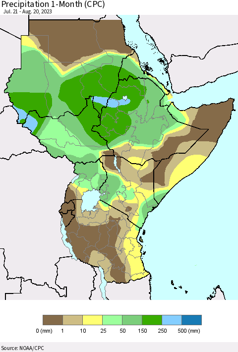 Eastern Africa Precipitation 1-Month (CPC) Thematic Map For 7/21/2023 - 8/20/2023