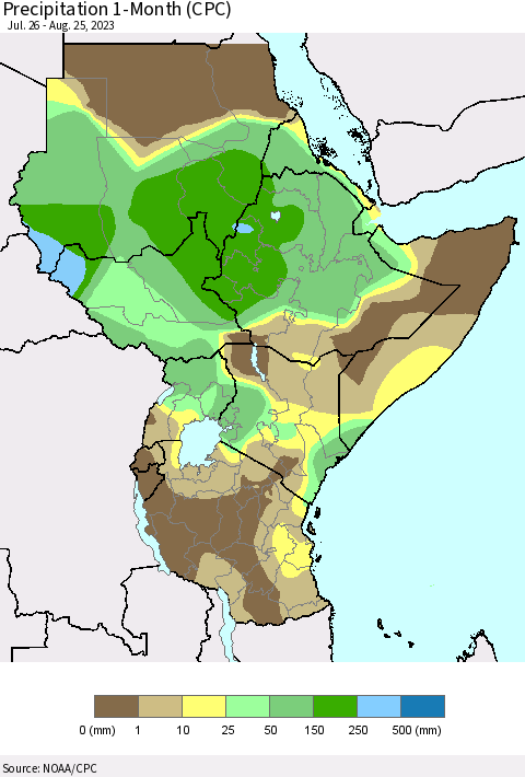 Eastern Africa Precipitation 1-Month (CPC) Thematic Map For 7/26/2023 - 8/25/2023