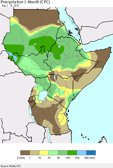 Eastern Africa Precipitation 1-Month (CPC) Thematic Map For 8/1/2023 - 8/31/2023