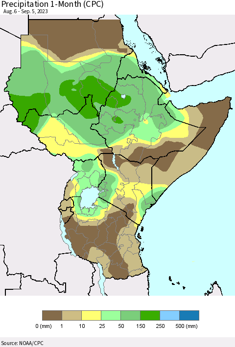 Eastern Africa Precipitation 1-Month (CPC) Thematic Map For 8/6/2023 - 9/5/2023