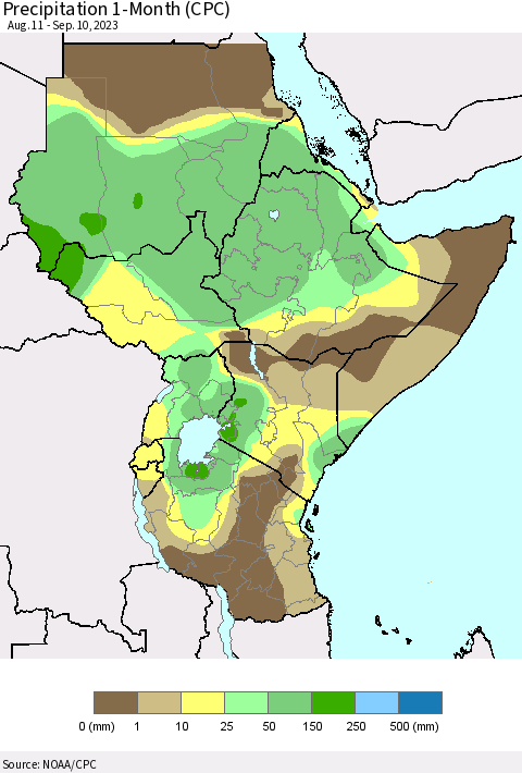 Eastern Africa Precipitation 1-Month (CPC) Thematic Map For 8/11/2023 - 9/10/2023