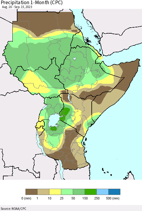 Eastern Africa Precipitation 1-Month (CPC) Thematic Map For 8/16/2023 - 9/15/2023