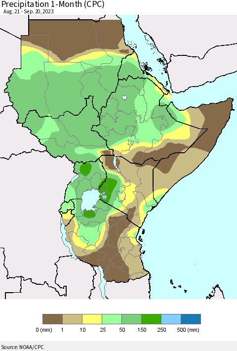 Eastern Africa Precipitation 1-Month (CPC) Thematic Map For 8/21/2023 - 9/20/2023