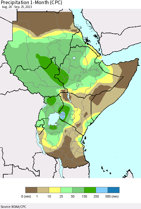Eastern Africa Precipitation 1-Month (CPC) Thematic Map For 8/26/2023 - 9/25/2023