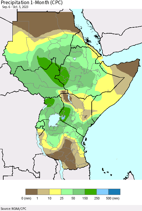 Eastern Africa Precipitation 1-Month (CPC) Thematic Map For 9/6/2023 - 10/5/2023