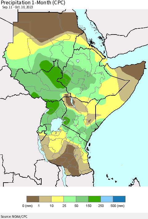 Eastern Africa Precipitation 1-Month (CPC) Thematic Map For 9/11/2023 - 10/10/2023