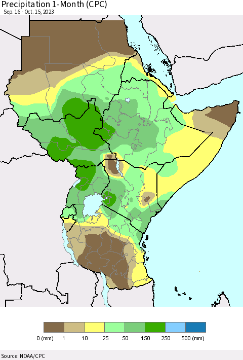 Eastern Africa Precipitation 1-Month (CPC) Thematic Map For 9/16/2023 - 10/15/2023