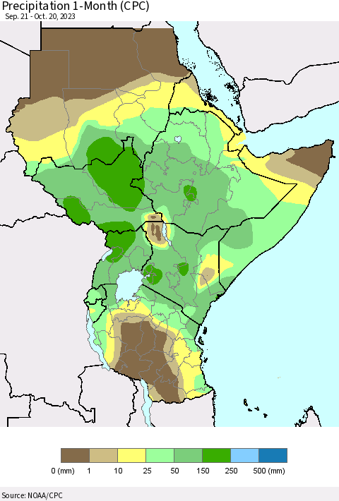 Eastern Africa Precipitation 1-Month (CPC) Thematic Map For 9/21/2023 - 10/20/2023