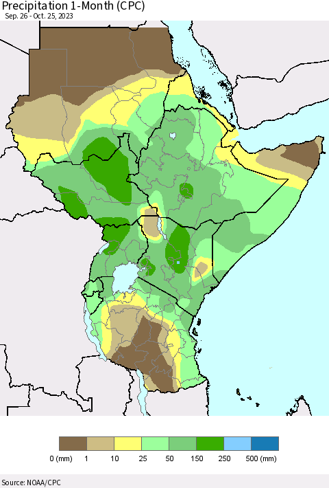 Eastern Africa Precipitation 1-Month (CPC) Thematic Map For 9/26/2023 - 10/25/2023