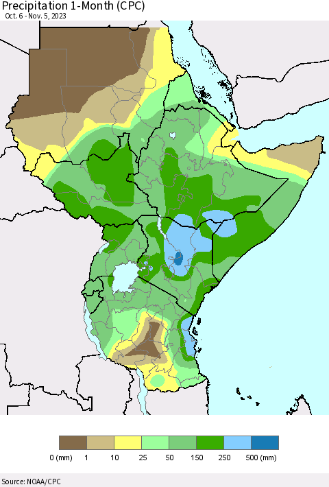 Eastern Africa Precipitation 1-Month (CPC) Thematic Map For 10/6/2023 - 11/5/2023
