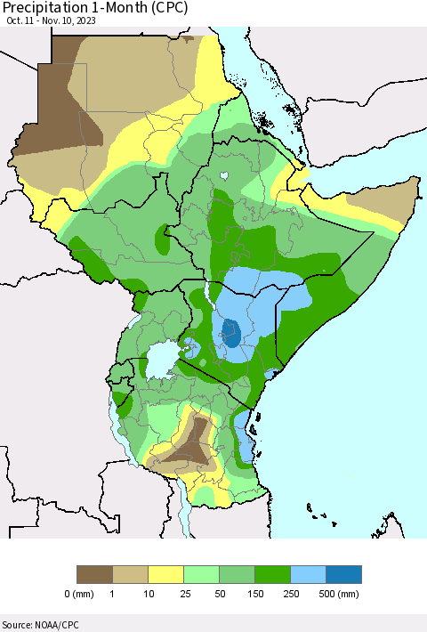 Eastern Africa Precipitation 1-Month (CPC) Thematic Map For 10/11/2023 - 11/10/2023