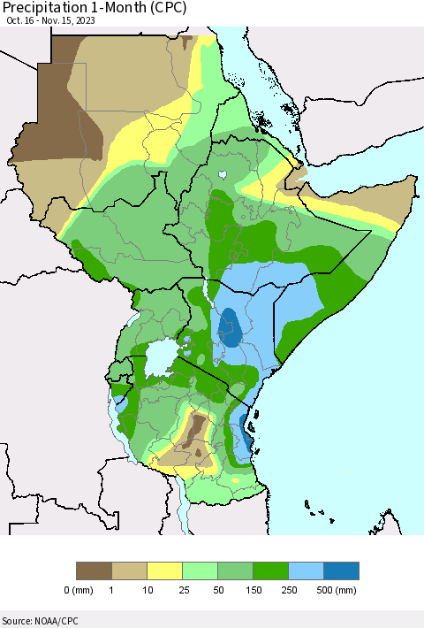 Eastern Africa Precipitation 1-Month (CPC) Thematic Map For 10/16/2023 - 11/15/2023