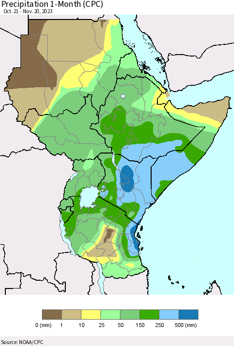 Eastern Africa Precipitation 1-Month (CPC) Thematic Map For 10/21/2023 - 11/20/2023