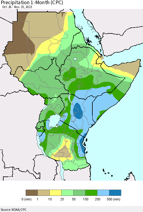 Eastern Africa Precipitation 1-Month (CPC) Thematic Map For 10/26/2023 - 11/25/2023