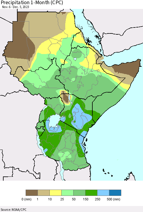 Eastern Africa Precipitation 1-Month (CPC) Thematic Map For 11/6/2023 - 12/5/2023
