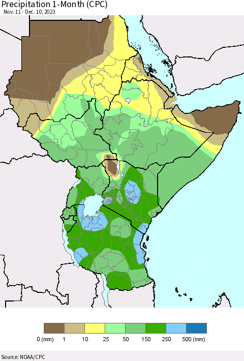 Eastern Africa Precipitation 1-Month (CPC) Thematic Map For 11/11/2023 - 12/10/2023