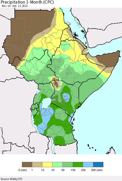 Eastern Africa Precipitation 1-Month (CPC) Thematic Map For 11/16/2023 - 12/15/2023