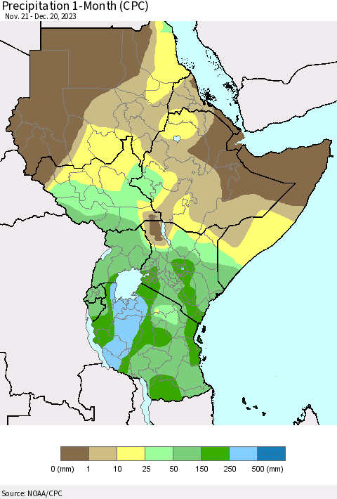 Eastern Africa Precipitation 1-Month (CPC) Thematic Map For 11/21/2023 - 12/20/2023