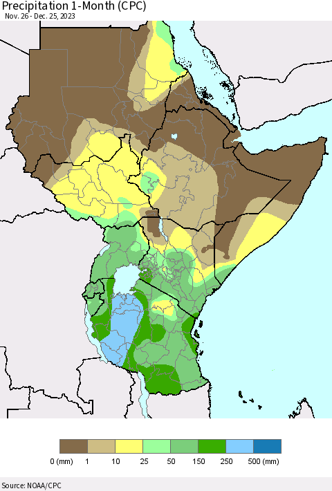 Eastern Africa Precipitation 1-Month (CPC) Thematic Map For 11/26/2023 - 12/25/2023