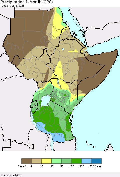 Eastern Africa Precipitation 1-Month (CPC) Thematic Map For 12/6/2023 - 1/5/2024