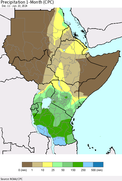 Eastern Africa Precipitation 1-Month (CPC) Thematic Map For 12/11/2023 - 1/10/2024