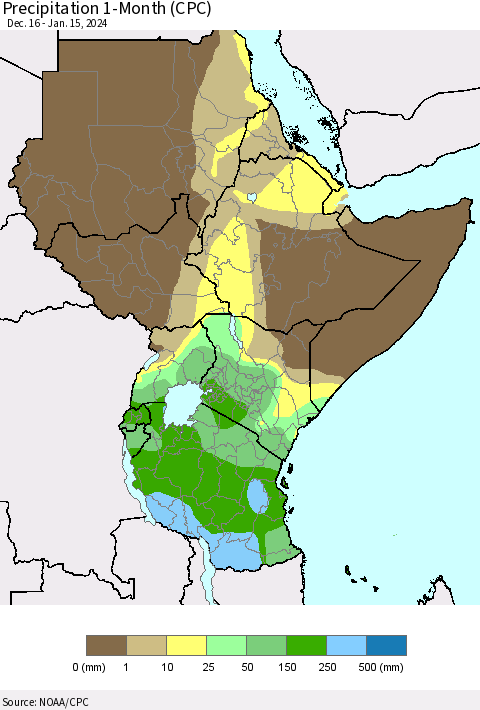 Eastern Africa Precipitation 1-Month (CPC) Thematic Map For 12/16/2023 - 1/15/2024