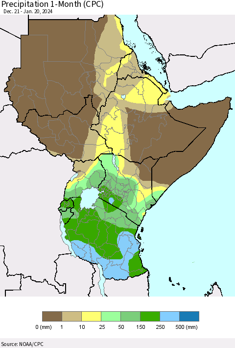 Eastern Africa Precipitation 1-Month (CPC) Thematic Map For 12/21/2023 - 1/20/2024